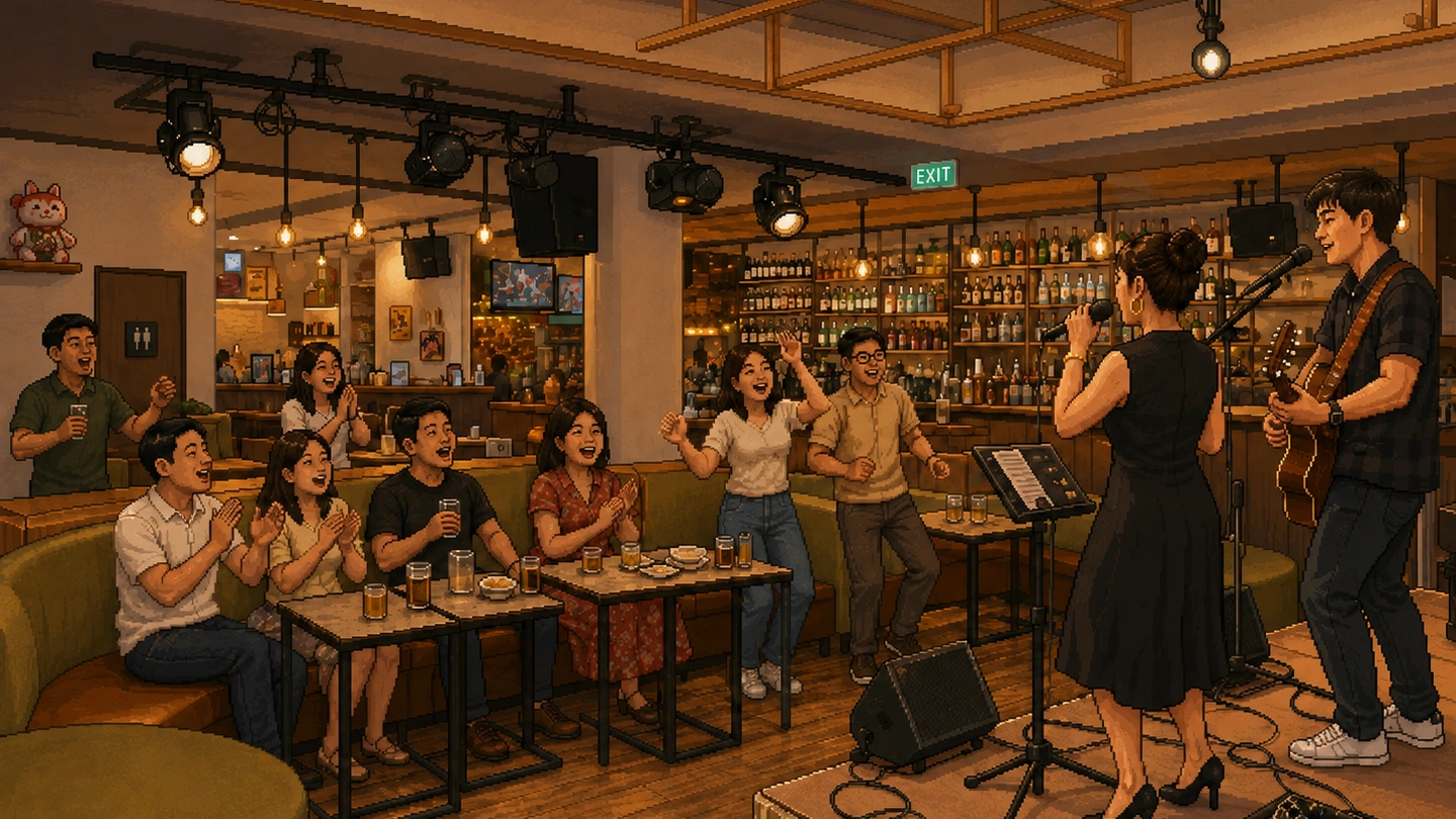 Pixel-art illustration of a singer and guitarist performing on a small stage at 7th Heaven while a room of friends clap and sing along from booth tables, a bar lined with bottles behind them.