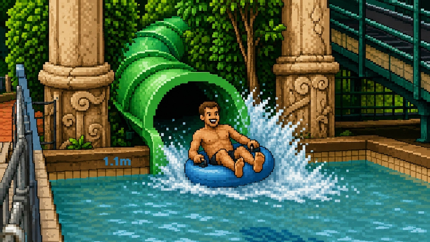 Pixel-art illustration of a rider on a blue tube splashing out of a green flume at Adventure Cove Waterpark, between carved stone pillars and dense greenery.