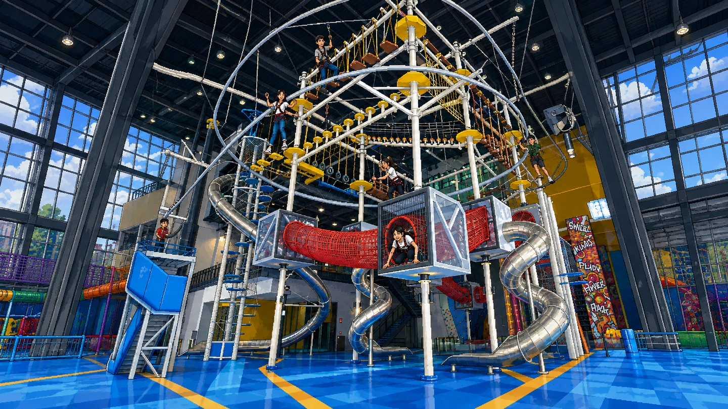 Pixel-art illustration of harnessed climbers crossing the upper levels of the tall indoor ropes course at Adventure HQ, metal tube slides winding down beside it under a glass wall.