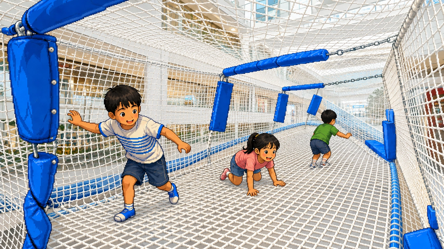 Pixel-art illustration of three children crawling and running along a suspended rope-net walkway strung high inside a mall atrium, padded blue posts along its sides.