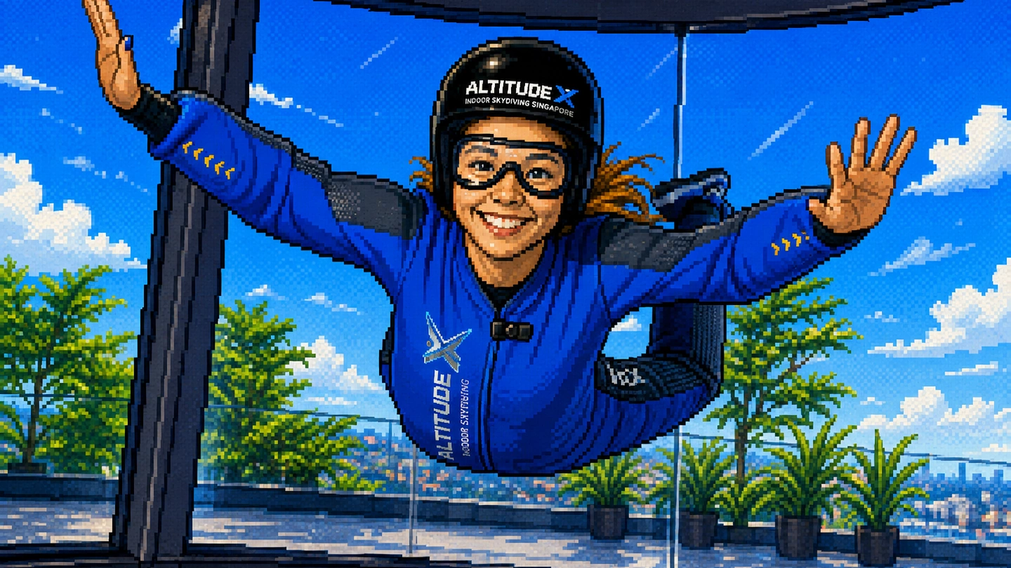 Pixel-art illustration of a flyer in a blue AltitudeX jumpsuit and helmet grinning with arms outstretched, floating in the wind tunnel against blue sky and cloud.