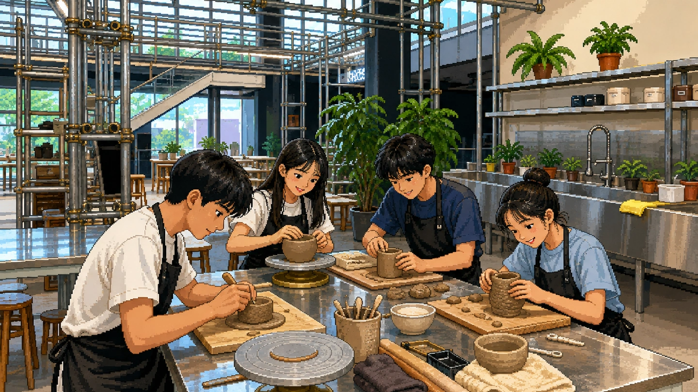 Pixel-art illustration of four people in aprons shaping clay pots at a steel workbench in a bright pottery studio, hand tools and turntables in front of them and potted plants along the shelves.