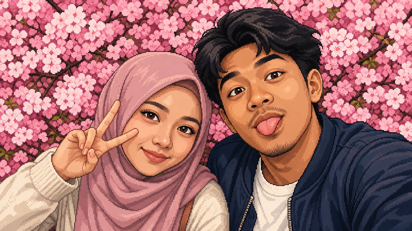 Pixel-art illustration of a couple leaning together for a close-up photo against the cherry blossom backdrop at Another Booth, one making a peace sign and the other pulling a face.