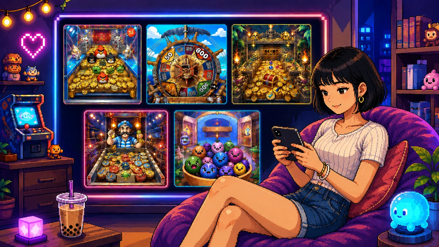 Pixel-art illustration of a woman playing on her phone from a beanbag, a wall screen beside her showing five coin pusher and prize wheel games.