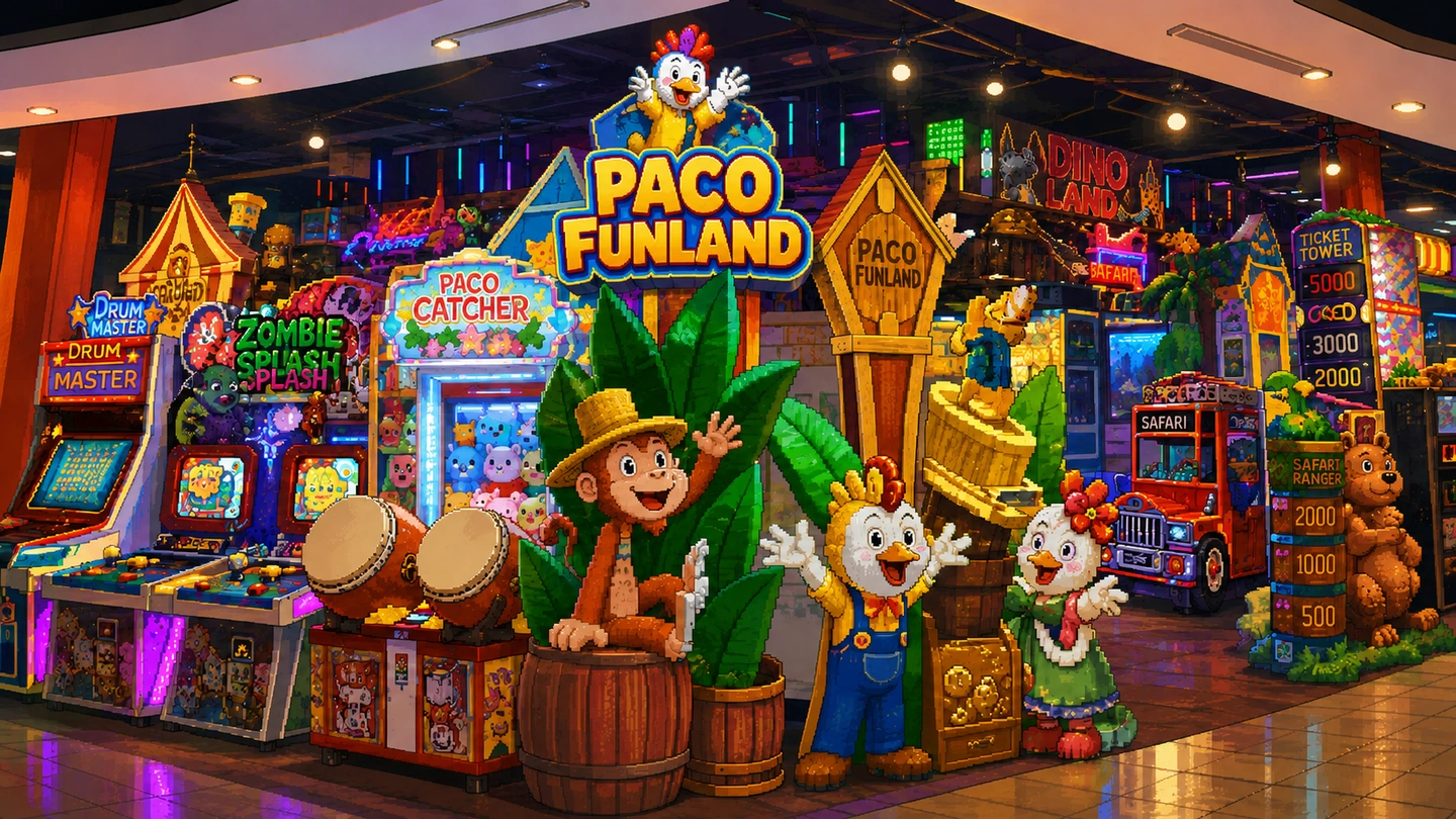 Pixel-art illustration of the Paco Funland entrance inside Kallang Wave Mall, mascot statues at the front and claw machines, drum games and prize towers behind.
