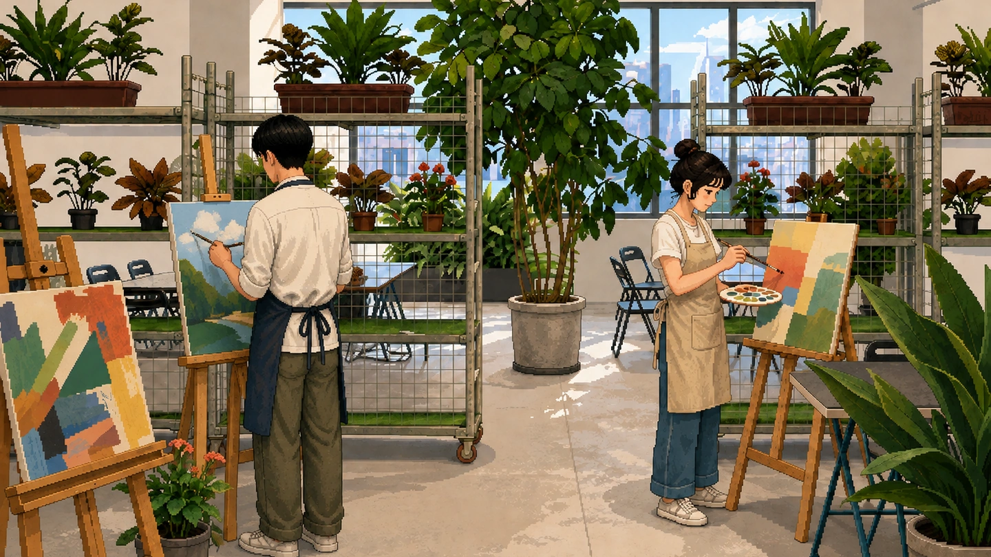 Pixel-art illustration of two people in aprons painting at easels in a bright plant-filled studio, finished canvases propped beside them and a city view through the window.