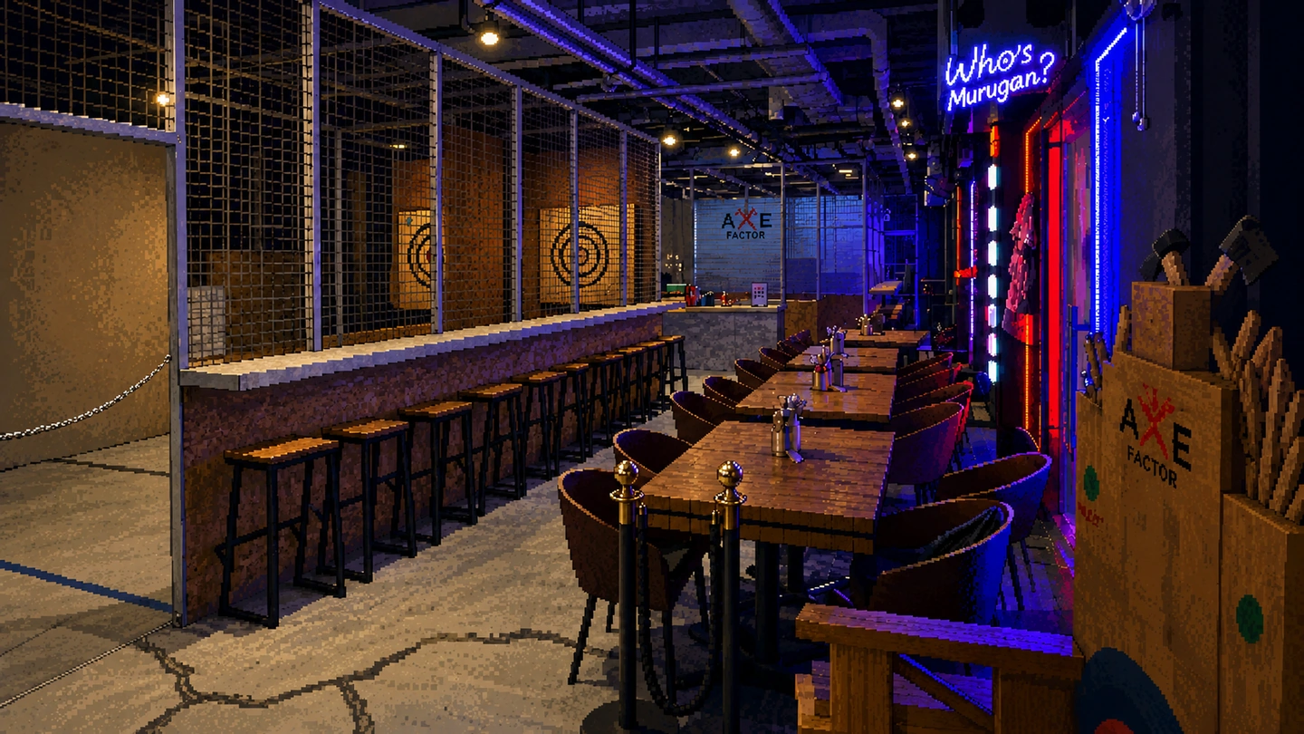 Pixel-art illustration inside Axe Factor Sentosa, showing caged throwing lanes with targets alongside a bar counter and dining tables under neon signage.