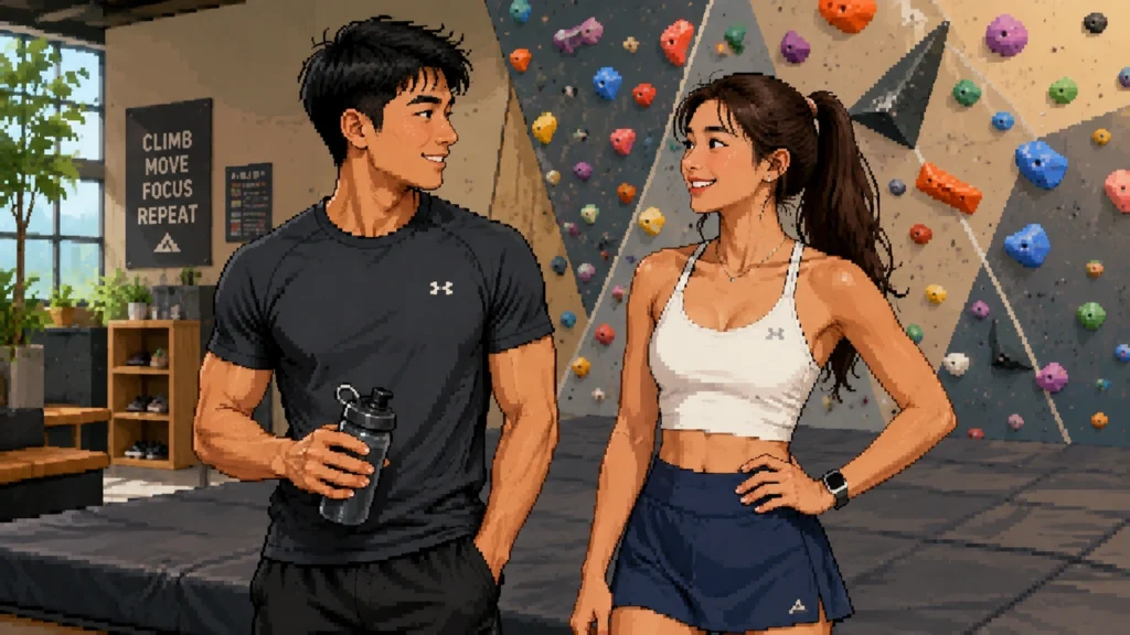 Pixel-art illustration of two climbers talking on the mats of an indoor bouldering gym, one holding a water bottle, with a colourful hold-covered wall behind them and a sign reading climb move focus repeat.