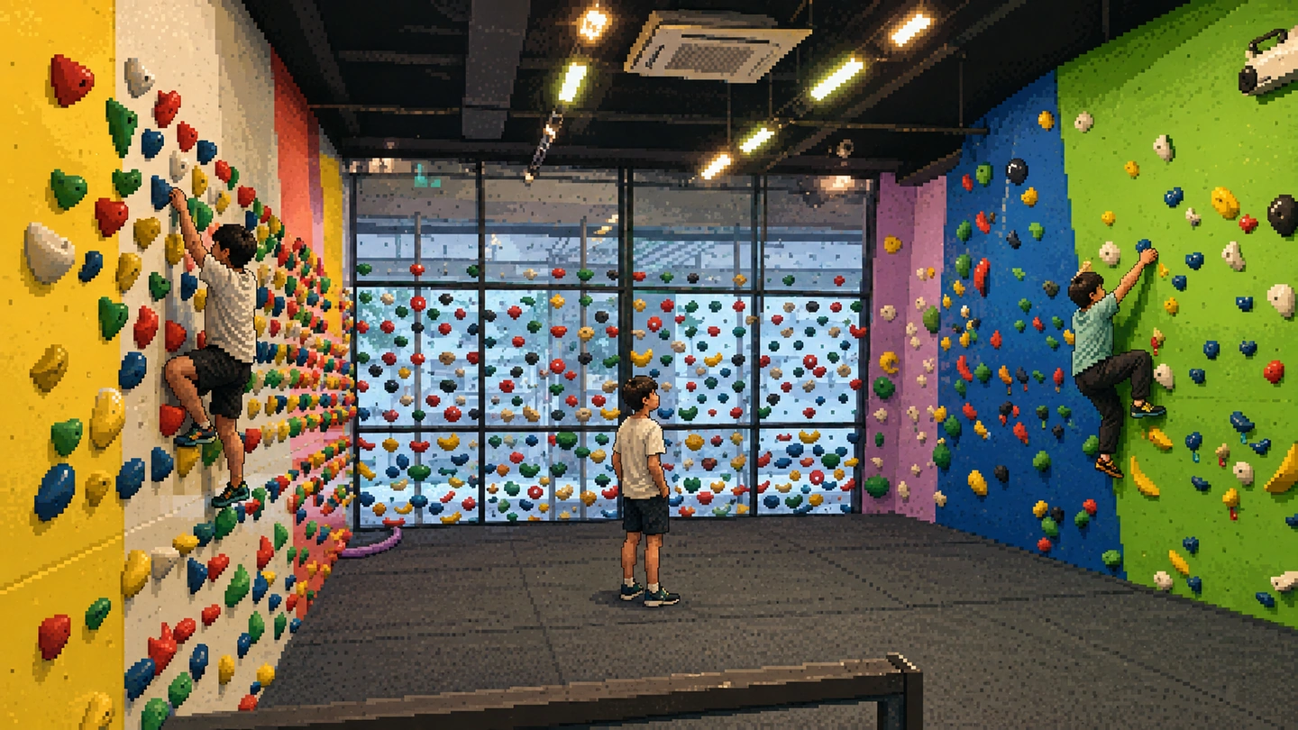 Pixel-art illustration of a bouldering room with coloured holds across every wall and a full-height window, two climbers on the walls and a third reading a route from the mats.