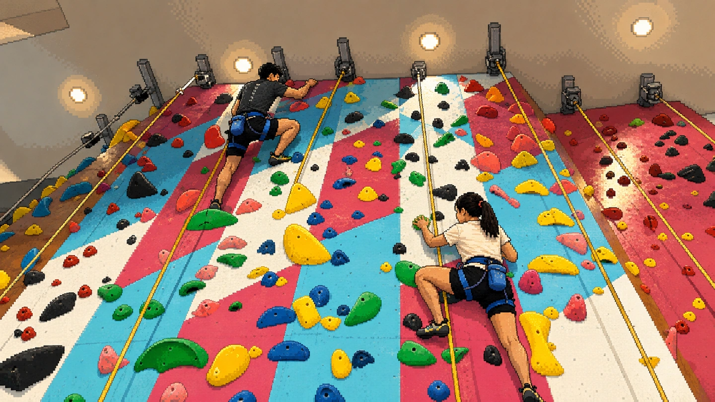 Pixel-art illustration of two climbers on a tall auto-belay wall striped red, white and blue, ropes running up to the devices mounted along the top.