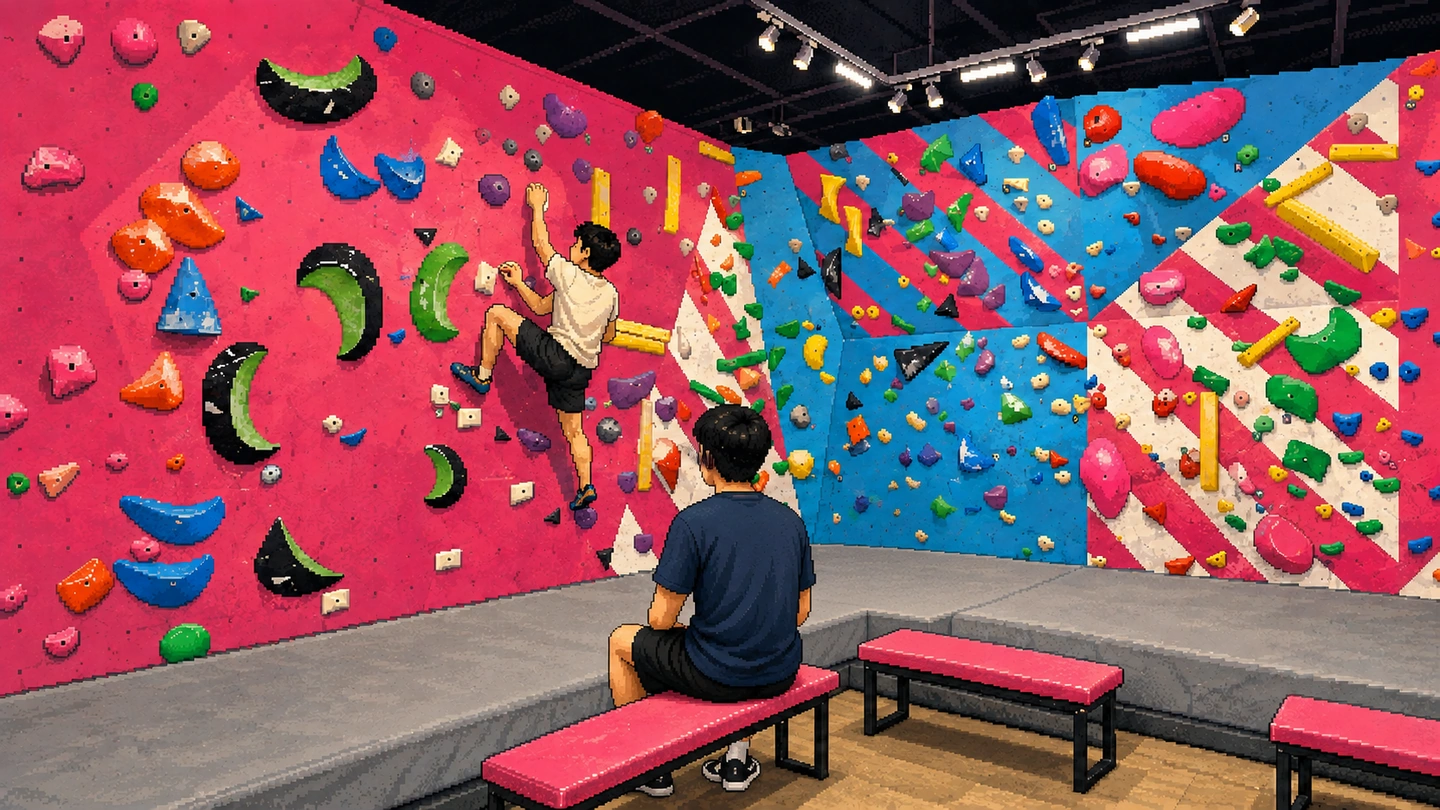 Pixel-art illustration of a bouldering room in pink and blue, one climber partway up a wall of holds while another watches from a bench on the mats.