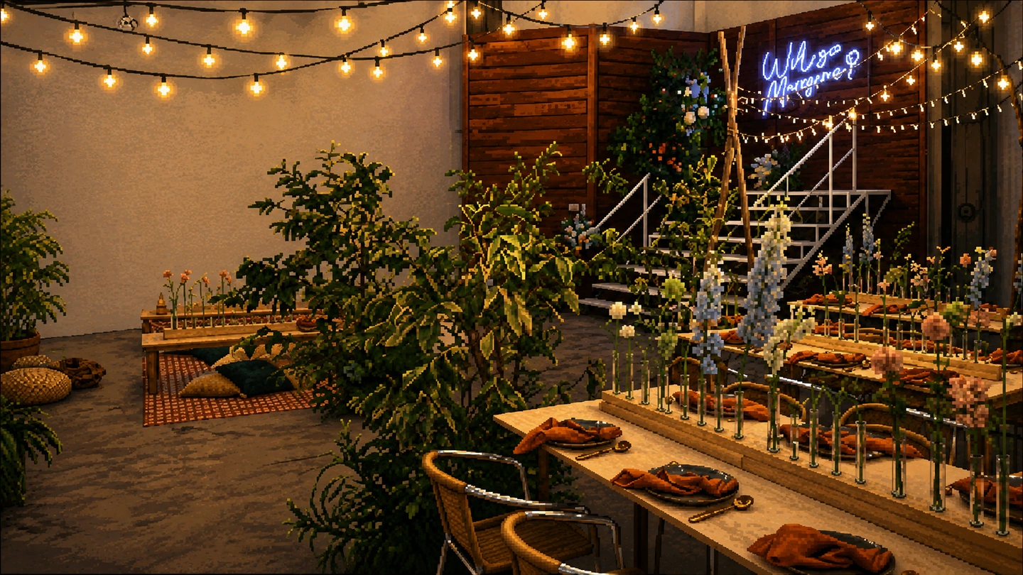 Pixel-art illustration of a BLANK BOX SG event space dressed as a garden, with festoon lights, long tables set for dinner, potted greenery and floral displays.