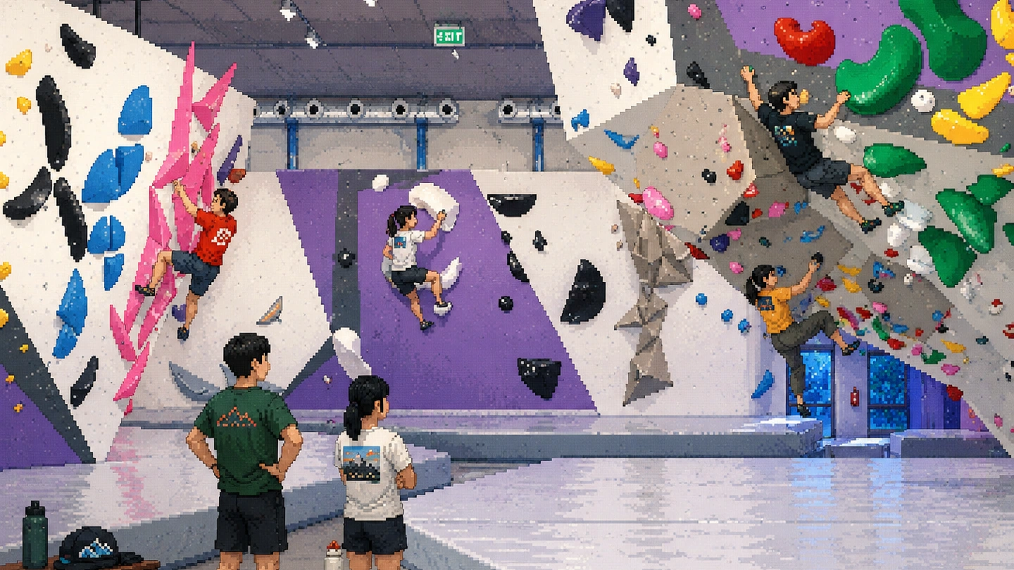 Pixel-art illustration of four climbers on the white and purple bouldering walls at boulder+ Aperia while two others watch from the mats below, water bottles and a bag at their feet.