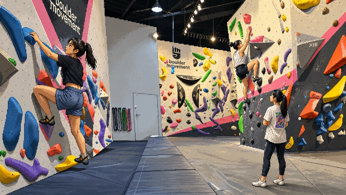 Pixel-art illustration of two climbers on facing bouldering walls at Boulder Movement Bugis while a third watches from the mats, the gym name painted across the wall between them.