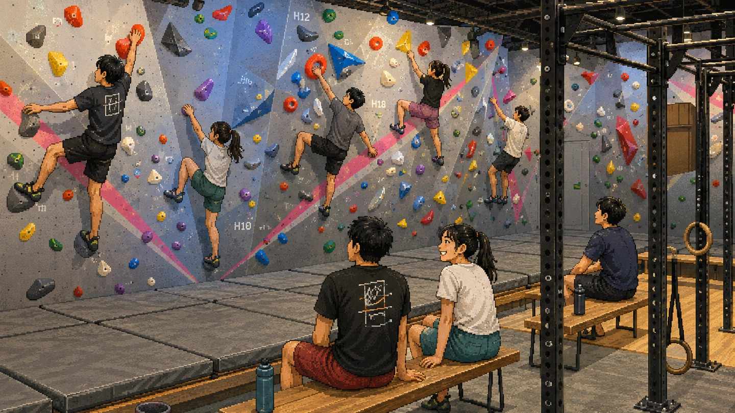 Pixel-art illustration of five climbers spread across a long grey bouldering wall at Boulder Movement Downtown Gallery, three friends resting on benches beside a training rig with gymnastic rings.