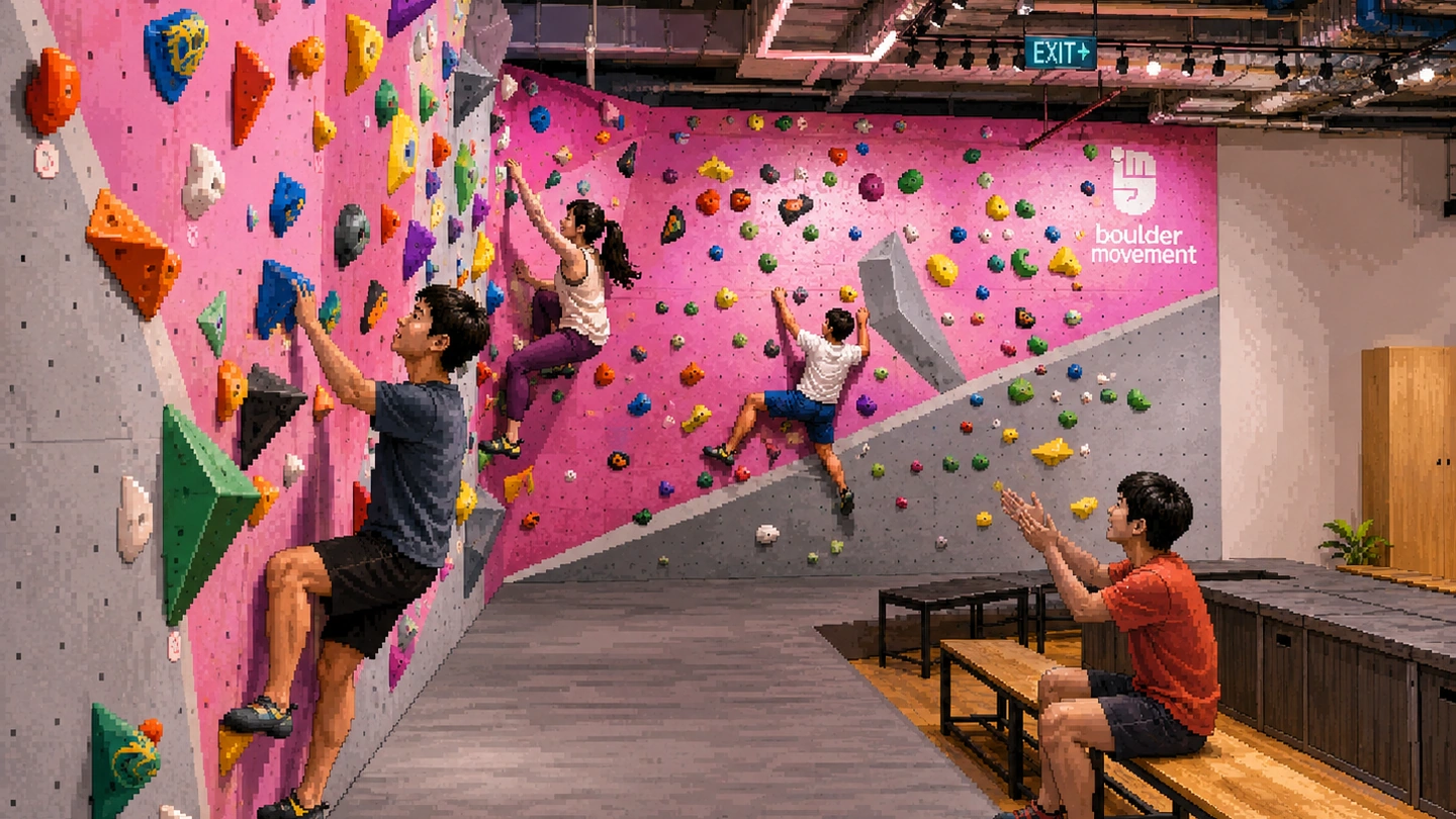 Pixel-art illustration of three climbers working problems on bright pink bouldering walls at Boulder Movement while a fourth chalks up on the benches, the gym logo painted on the far wall.
