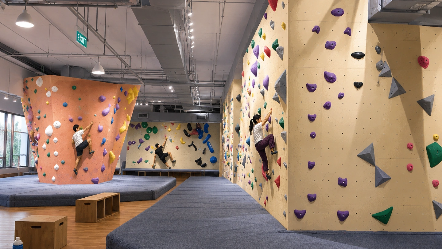 Pixel-art illustration of three climbers bouldering without ropes at Boulder Planet, one on a freestanding orange tower and two on cream walls above thick crash mats.