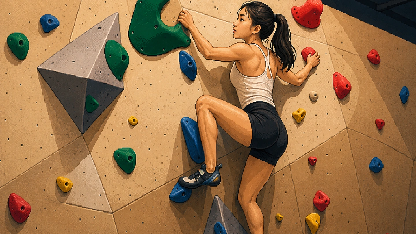 Pixel-art illustration of a climber mid-move on a cream bouldering wall at Boulder Planet Tai Seng, reaching for a green hold with a foot placed on a blue one beside a grey volume.