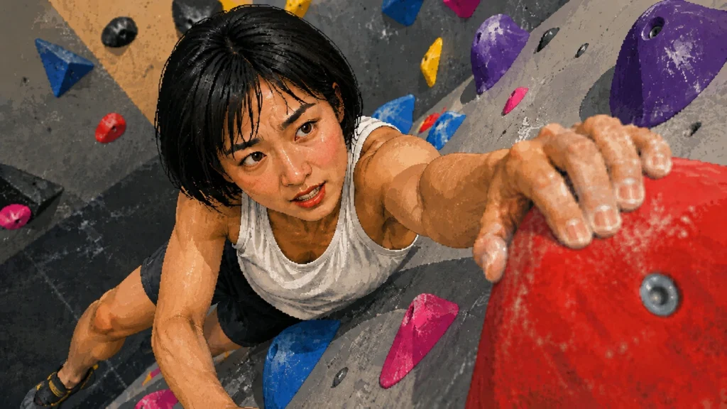Illustration of a woman mid-climb on an indoor bouldering wall, chalk on her fingers as she reaches overhead for a large red hold, seen from above against blue, pink and purple holds.