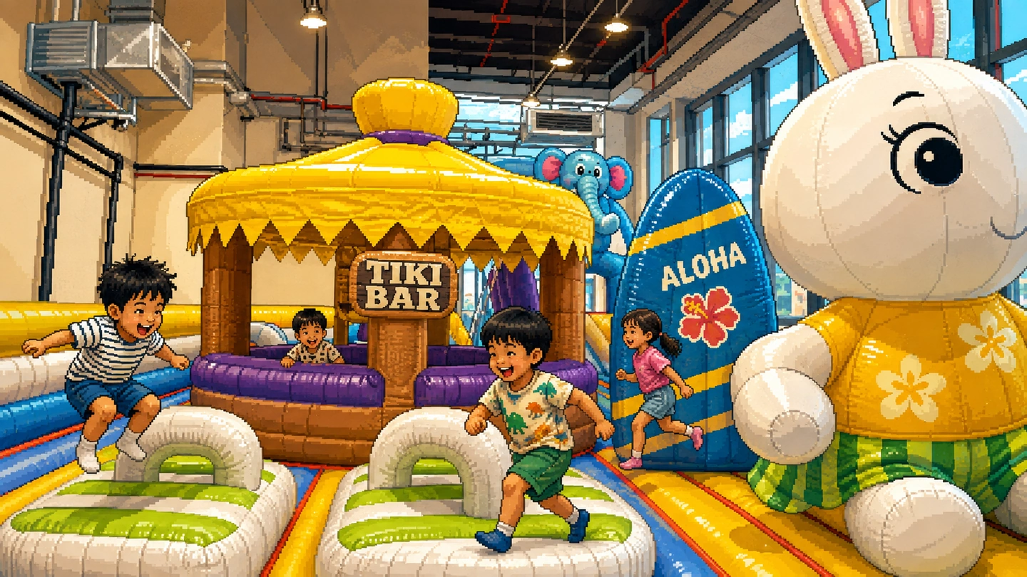 Pixel-art illustration of four children running and bouncing across the inflatable course at Bouncetopia Plantation Plaza, a tiki hut and a giant inflatable rabbit beside them.