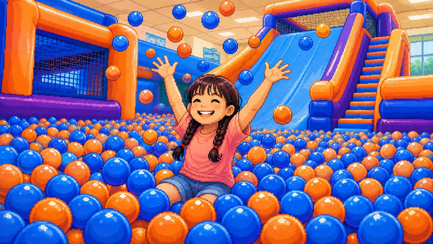 Pixel-art illustration of a girl sitting in a ball pit at Bouncetopia, arms thrown up as blue and orange balls fly around her, inflatable slides behind.