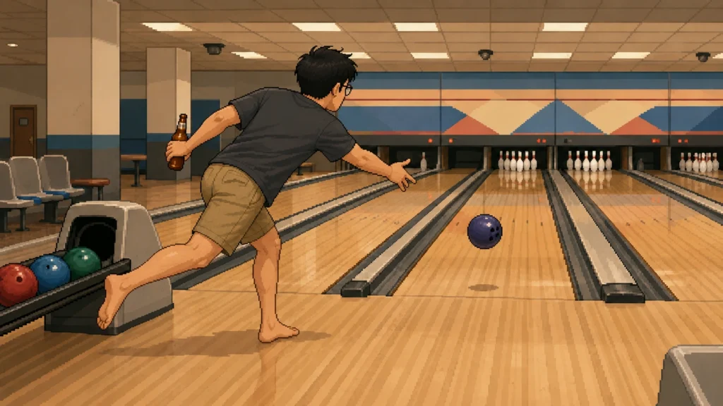 Pixel-art illustration of a bowler releasing the ball down a quiet lane, ball return and seating to one side.