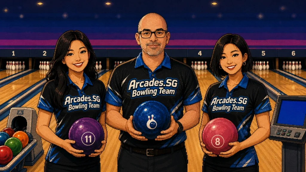 Pixel-art illustration of three bowlers in Arcades.SG Bowling Team shirts holding their balls at the head of the lanes.