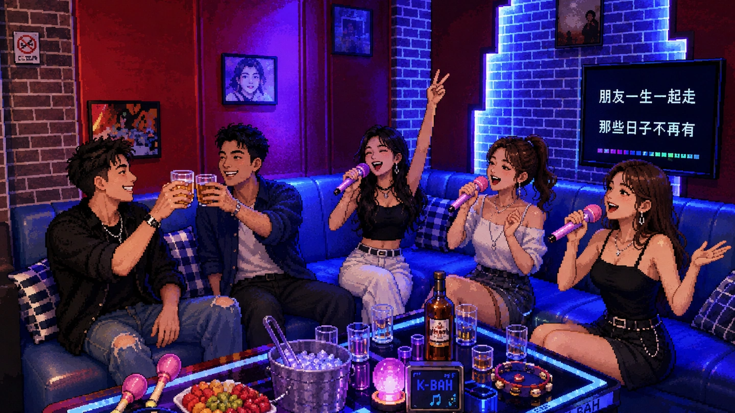 Pixel-art illustration of five friends celebrating in a large blue-lit karaoke room at Candy K-Bar, three singing while two toast, a fruit platter and tambourine on the table between them.