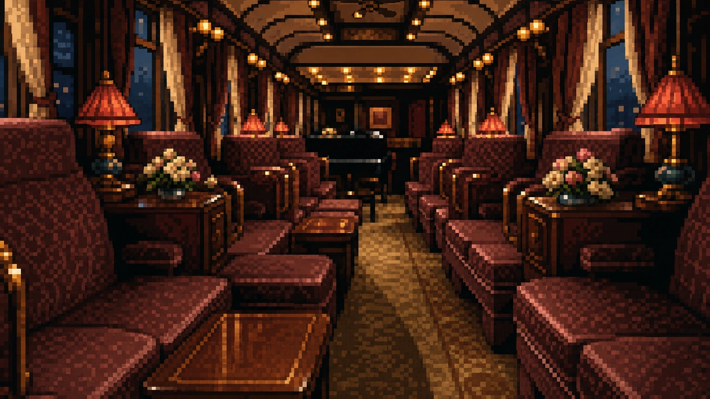 Pixel-art illustration of an escape room at Captivate dressed as a vintage train carriage, plush armchairs and lamp-lit side tables running down to a piano at the far end.
