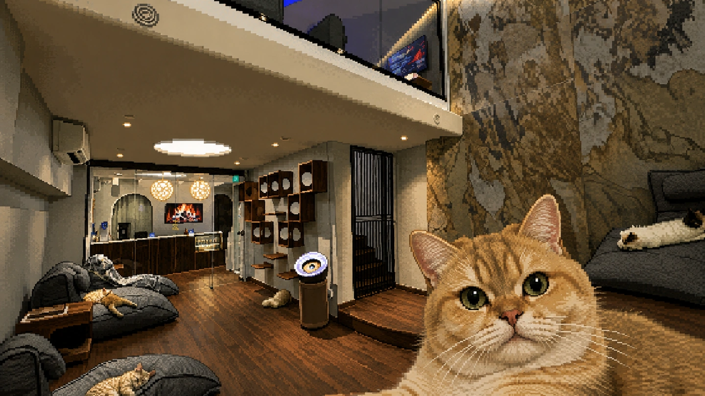 Pixel-art illustration inside Catmosphere Cat Cafe, where a ginger cat looks straight at the camera while others doze on cushions around a warmly lit lounge.