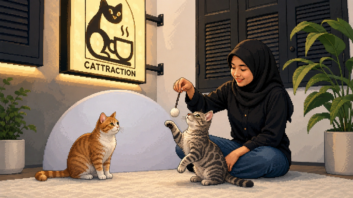 Pixel-art illustration of a woman in a black hijab sitting on the floor of Cattraction Cat Cafe dangling a pompom toy for a tabby, a ginger cat watching from beside a domed cat bed under the lit shopfront sign.