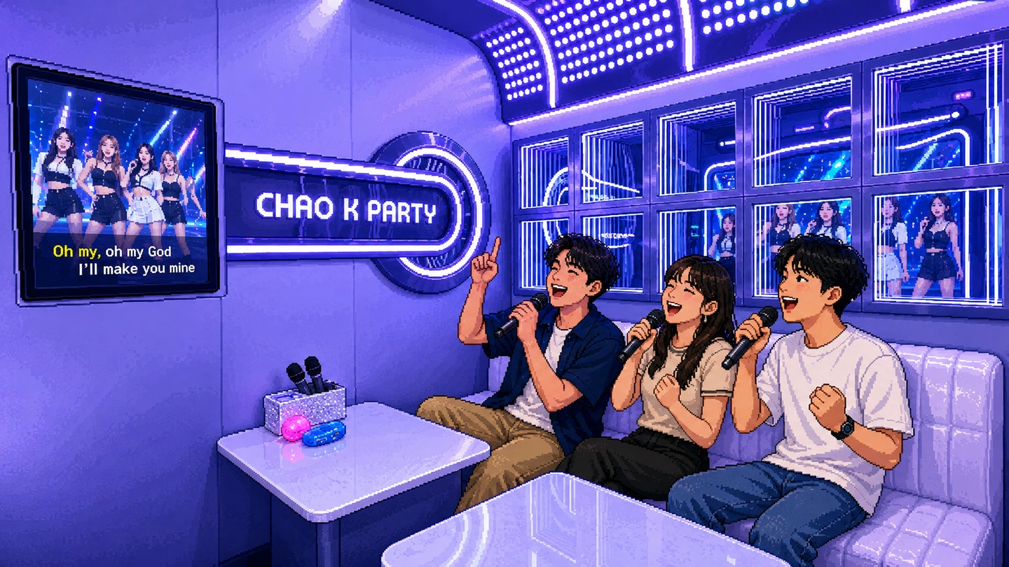 Pixel-art illustration of three friends singing together on a white couch in a purple neon karaoke room, the lit Chao K Party sign on the wall behind them.