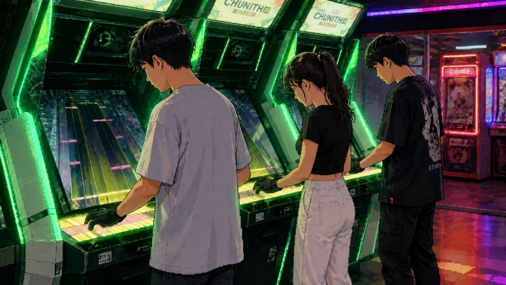 Pixel-art illustration of three players at a row of green-lit CHUNITHM cabinets in a dark arcade, hands resting on the touch strips, neon prize machines glowing red and purple behind them.