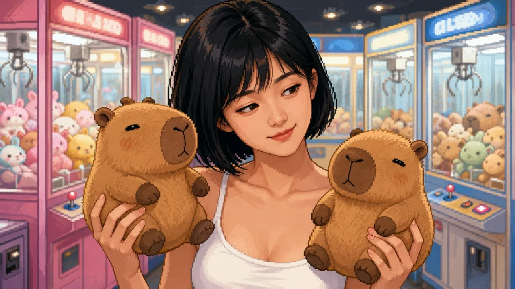 Pixel-art illustration of a woman holding up two capybara plush toys in front of a row of claw machines stocked with pastel soft toys.
