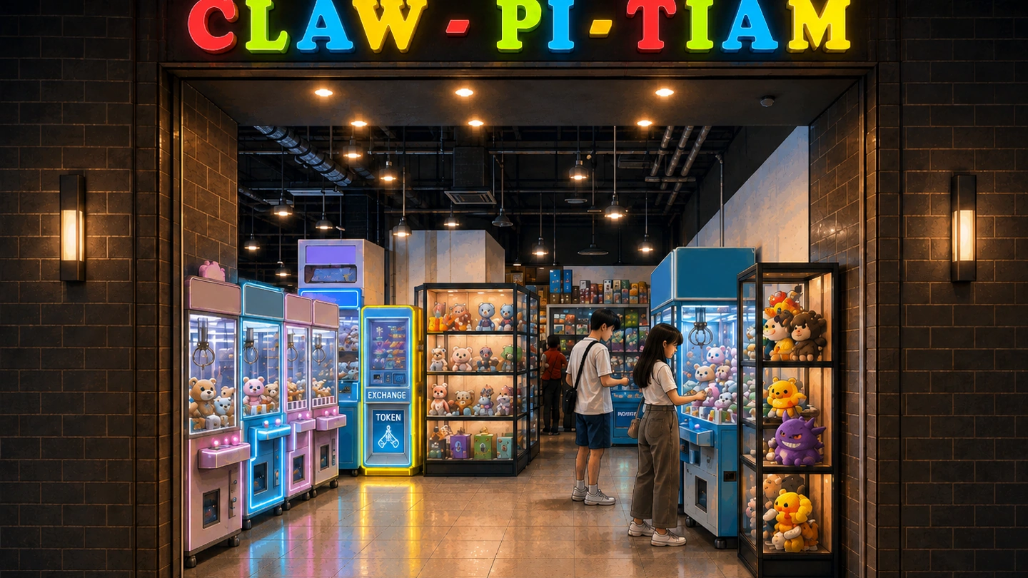 Pixel-art illustration of two people playing claw machines at Claw-Pi-Tiam, the lit shopfront sign above them and lockers of plush prizes and a token exchange along the wall.