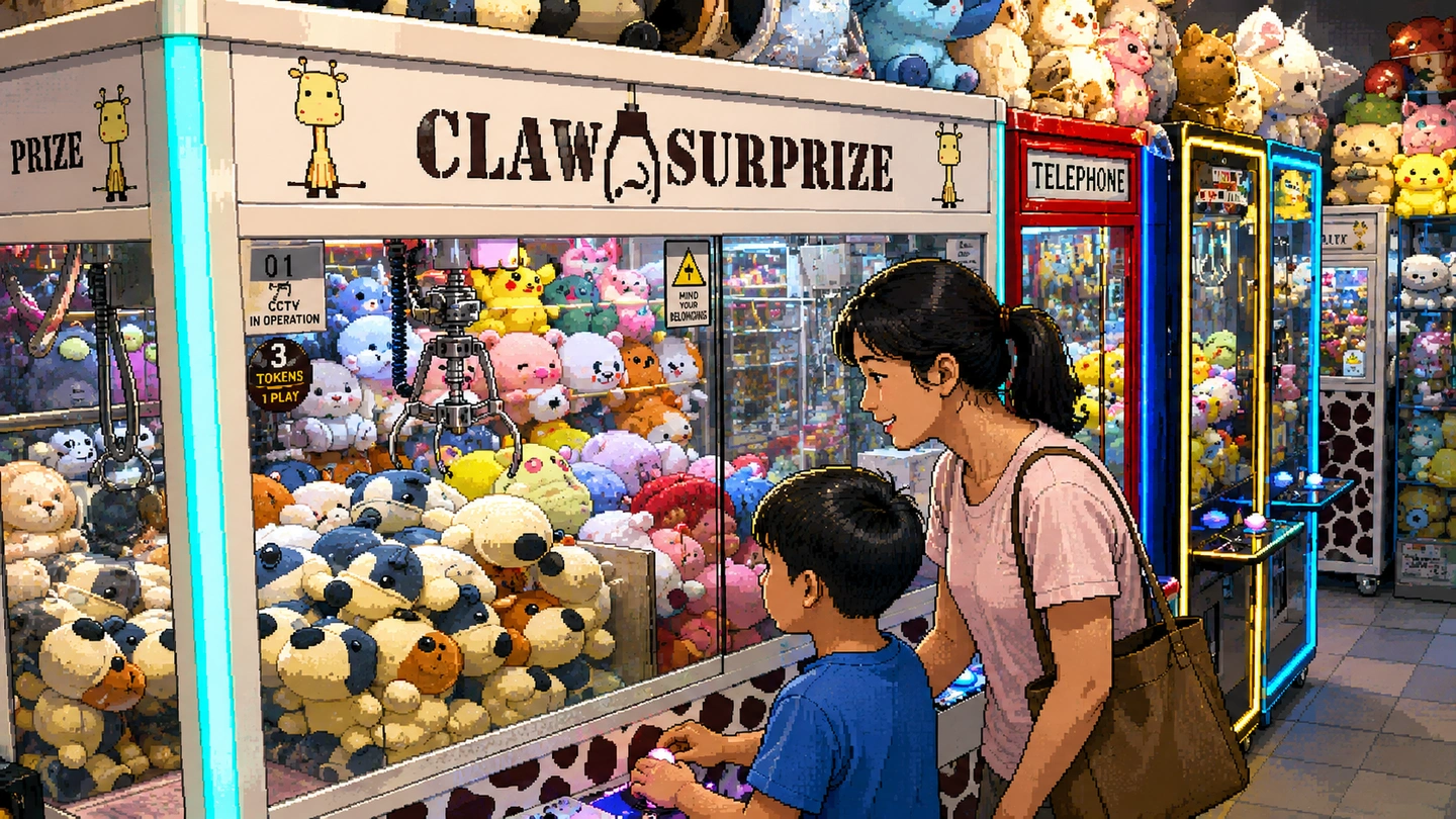 Pixel-art illustration of a woman and a young boy at the controls of a claw machine beneath the Claw Surprize sign, cabinets of plush toys stacked to the ceiling around them and a red telephone box standing between the rows.