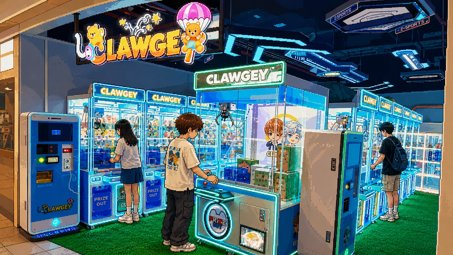 Pixel-art illustration of three people playing at rows of blue-lit ClawGey machines on green astroturf, the brand sign and a token changer beside them.