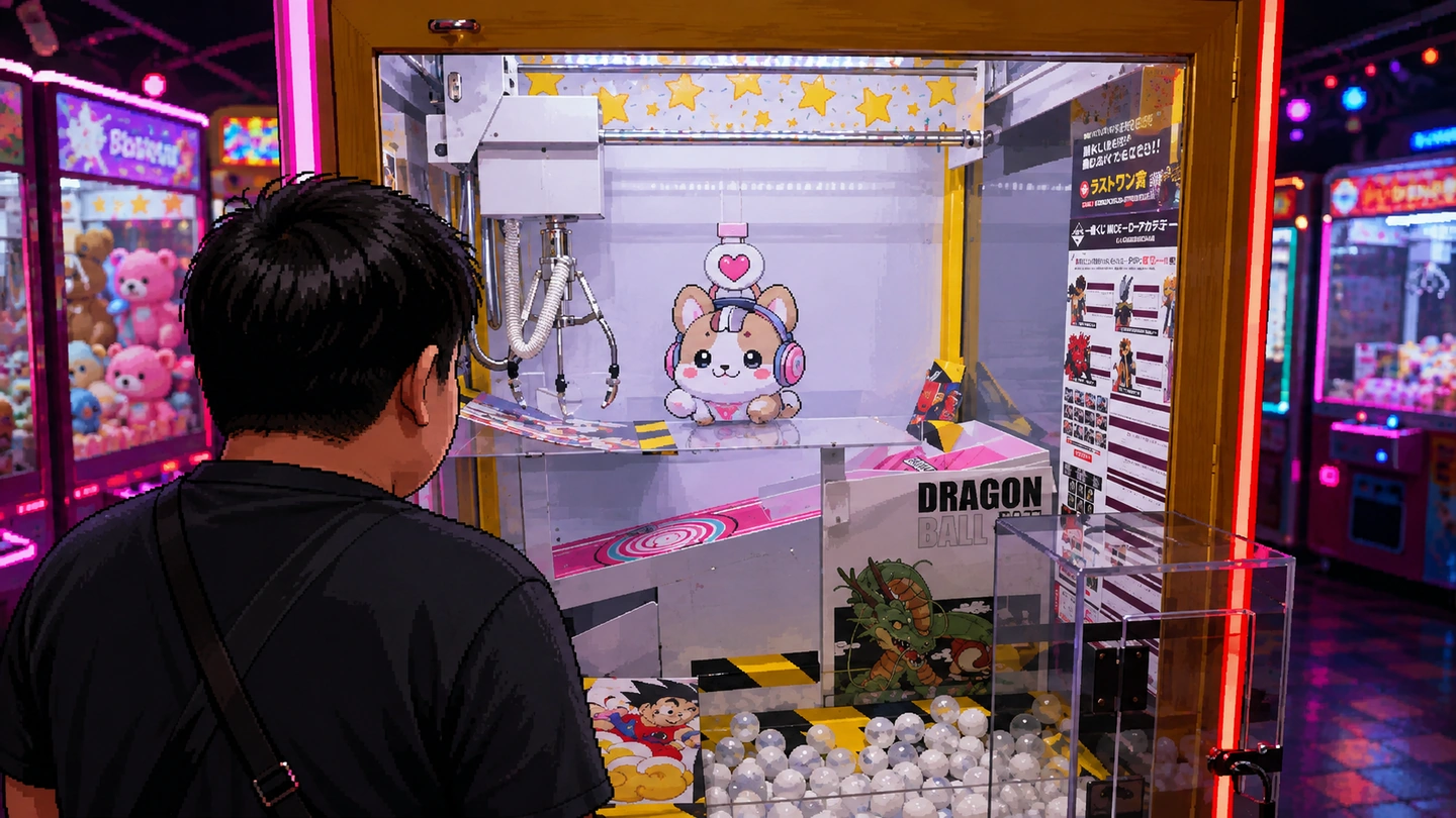 Pixel-art illustration of a man studying a single-prize claw machine holding one soft toy on a sliding platform, a row of lit cabinets down the aisle behind him.