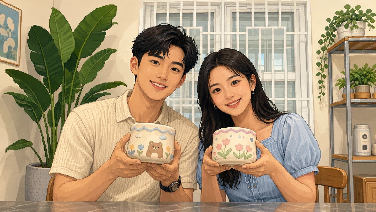 Pixel-art illustration of a couple holding up the painted cups they have just finished at Clay Clay Pottery, one with a bear and tulips and the other with pink flowers, plants and a bright window behind them.