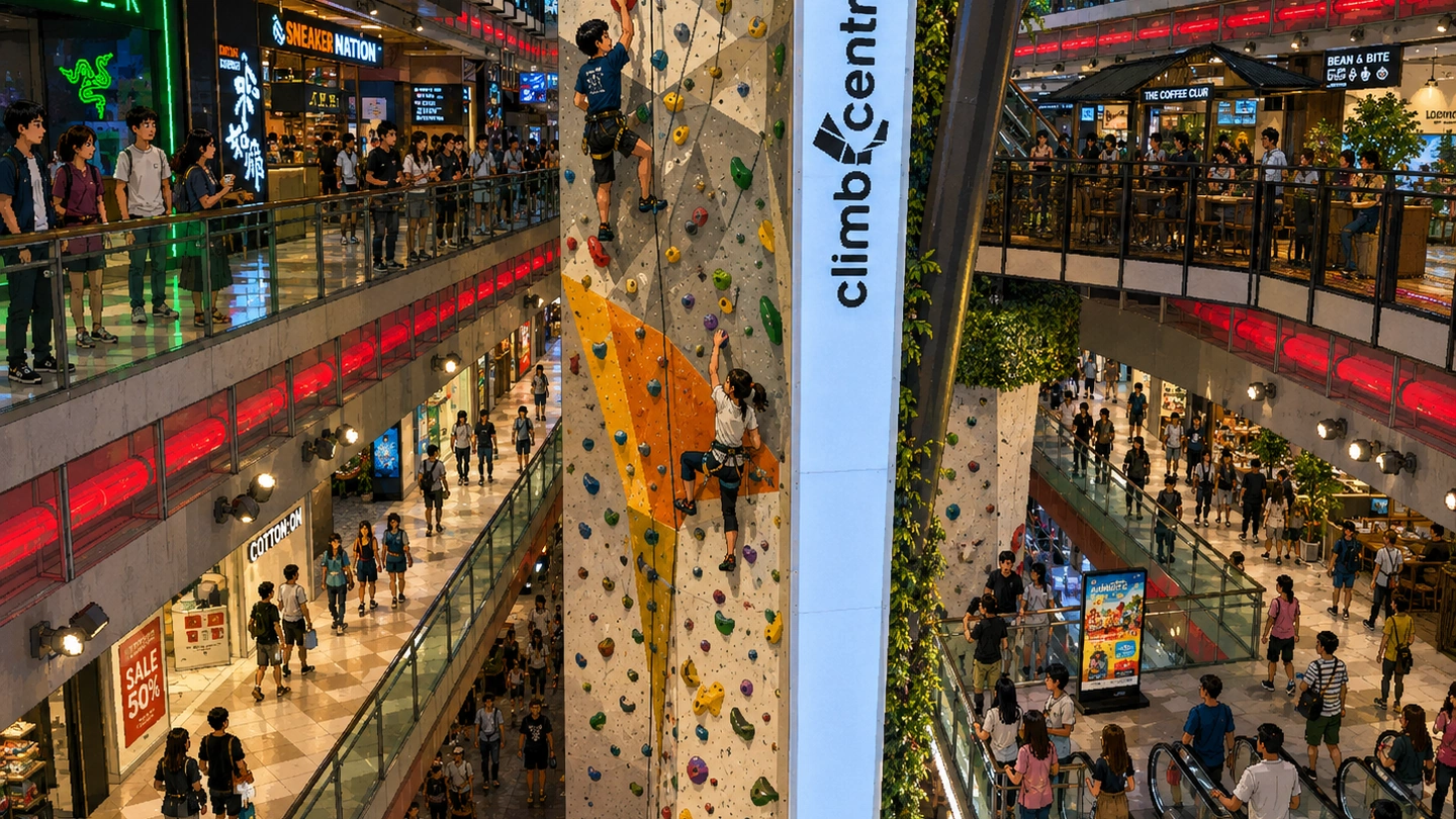 Pixel-art illustration of two climbers on the roped wall rising through the middle of Funan mall at Climb Central, shoppers watching from the balconies on either side.