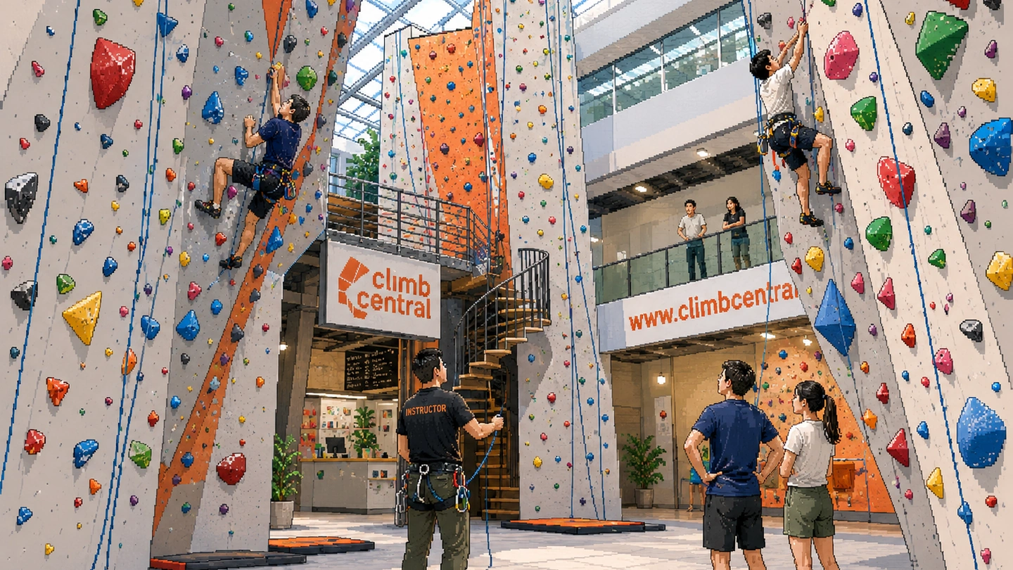 Pixel-art illustration of two climbers on tall roped walls at Climb Central Kallang Wave while an instructor belays from the floor and two beginners look up, daylight through the roof above.