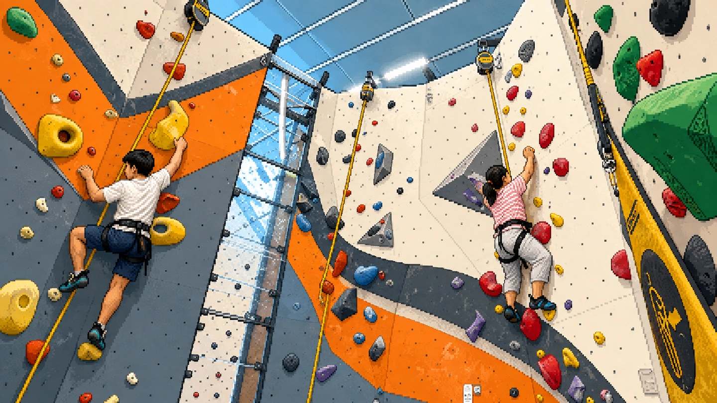 Pixel-art illustration looking down on two climbers partway up an indoor auto-belay wall, coloured holds set across orange, grey and cream panels.