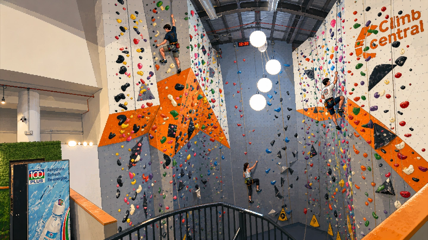 Pixel-art illustration of a tall Climb Central hall seen from a stairwell, three climbers on roped routes up walls of coloured holds with the brand logo high on the right.