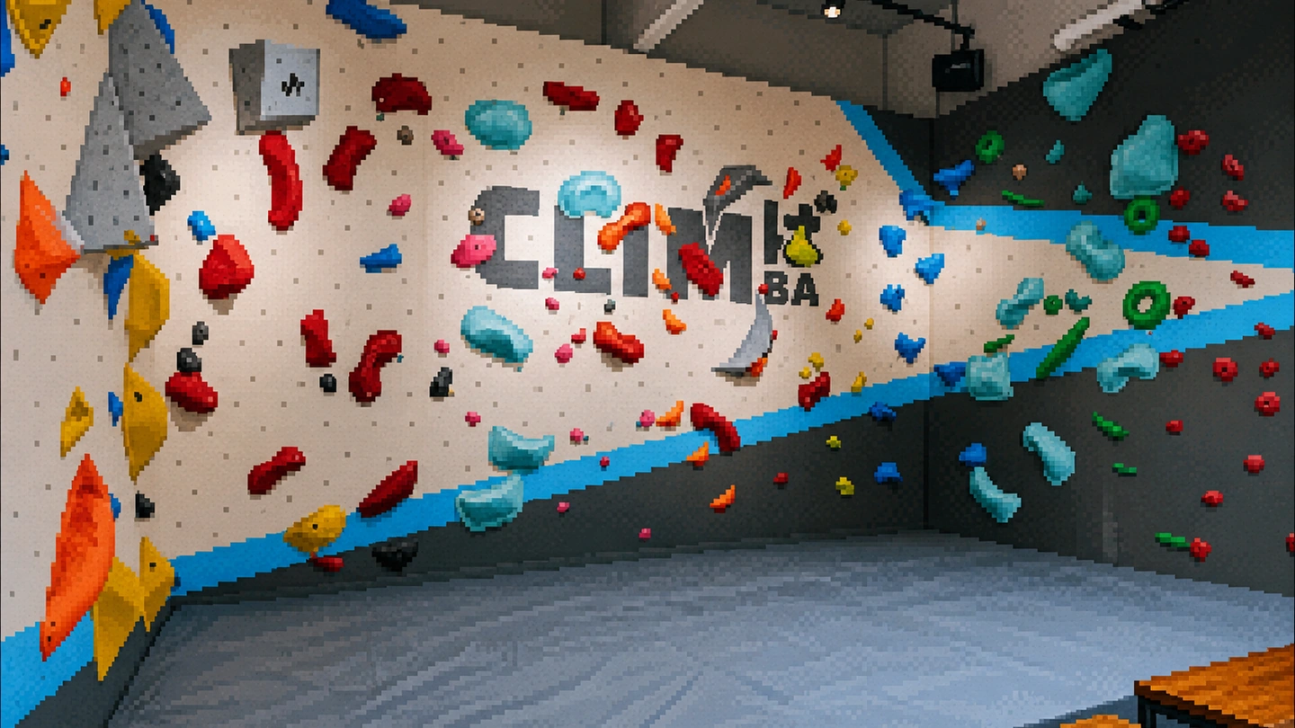 Pixel-art illustration of the bouldering wall at Climba Gym, covered in brightly coloured holds around the Climba logo above a matted floor.