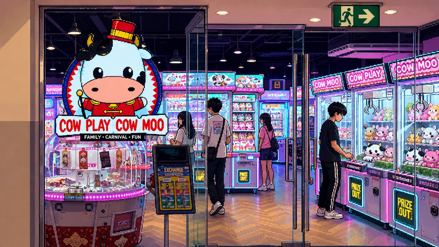 Pixel-art illustration of the Cow Play Cow Moo shopfront seen through open glass doors, the cow mascot sign above a prize carousel and a row of lit claw machines where a young man plays for soft toys.