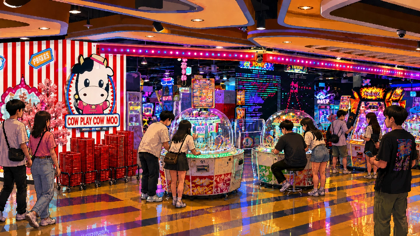Pixel-art illustration of a busy Cow Play Cow Moo floor, the cow mascot sign on a red and white striped wall beside stacked prize baskets, with groups playing at two domed prize machines.