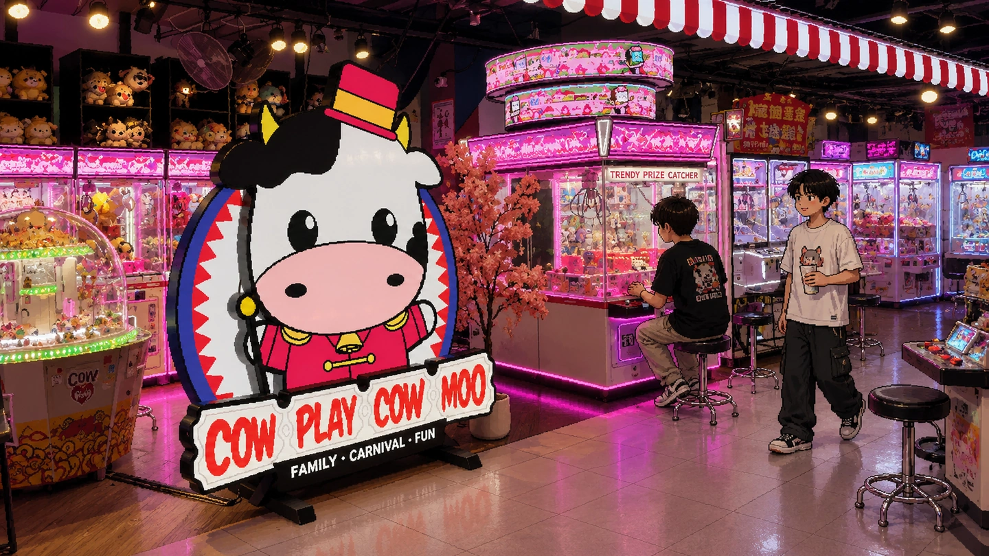 Pixel-art illustration of two teenagers at the claw machines beside a large Cow Play Cow Moo mascot sign, rows of pink-lit prize cabinets and stools filling the arcade behind them.