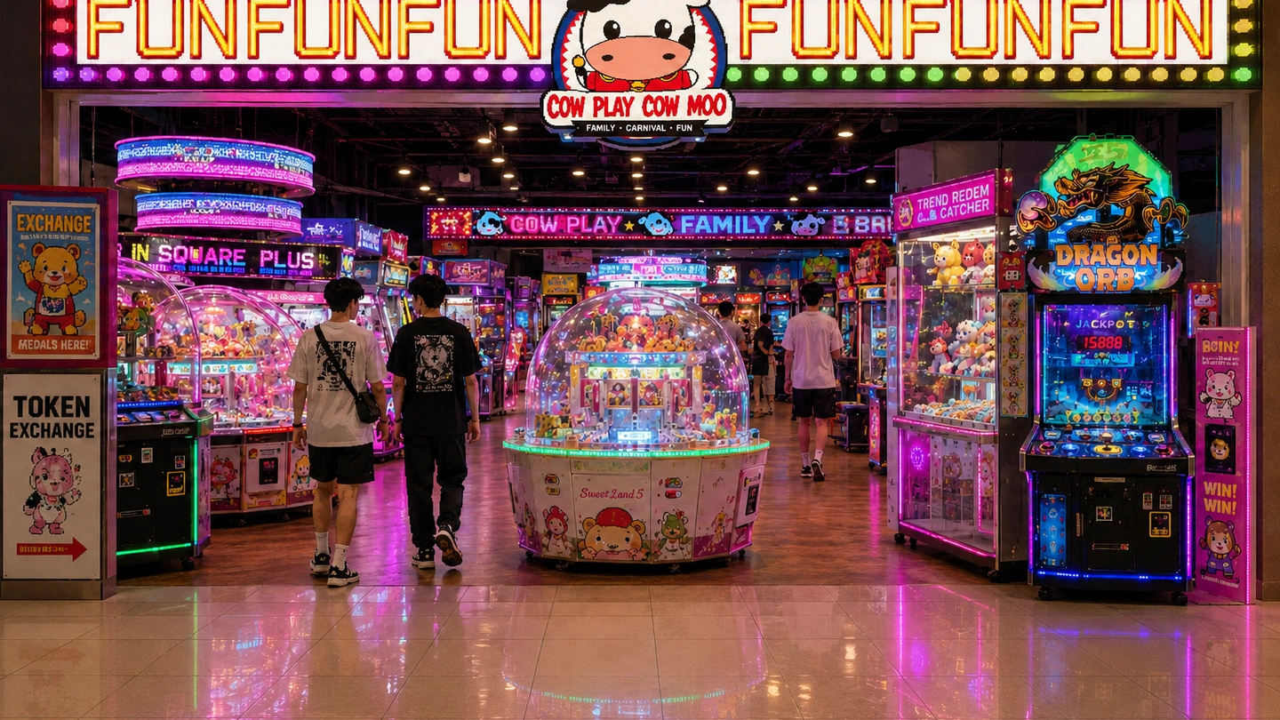 Pixel-art illustration of the Cow Play Cow Moo entrance seen from the mall walkway, the lit mascot sign above a wide floor of claw machines with a domed prize carousel in the middle.
