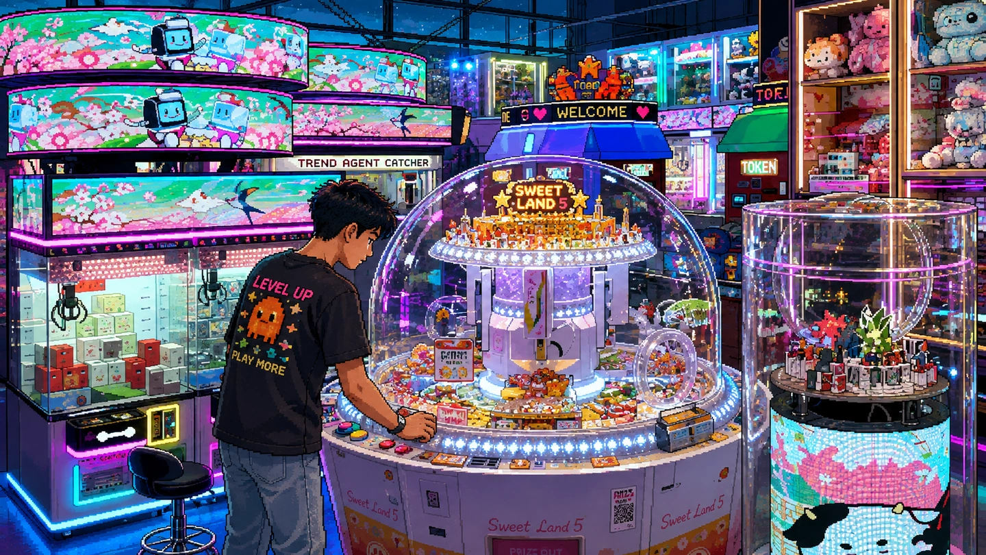 Pixel-art illustration of a lone player working the buttons on a domed Sweet Land coin pusher at Cow Play Cow Moo, claw machines and prize shelves lit up around him.