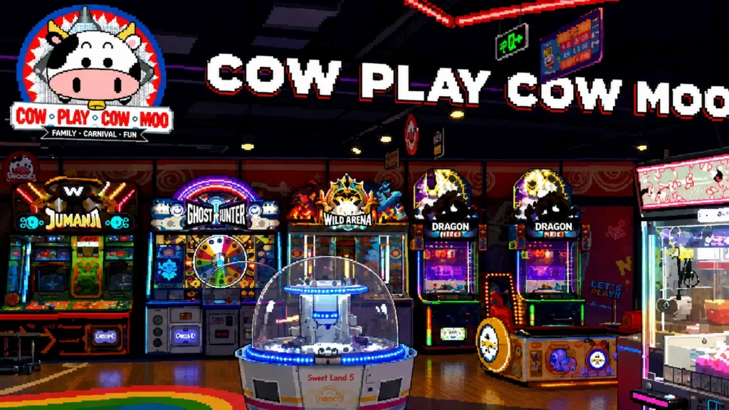 Pixel-art illustration inside Cow Play Cow Moo at Suntec City, the cartoon cow logo and lit signage above a row of arcade cabinets and a domed prize machine.